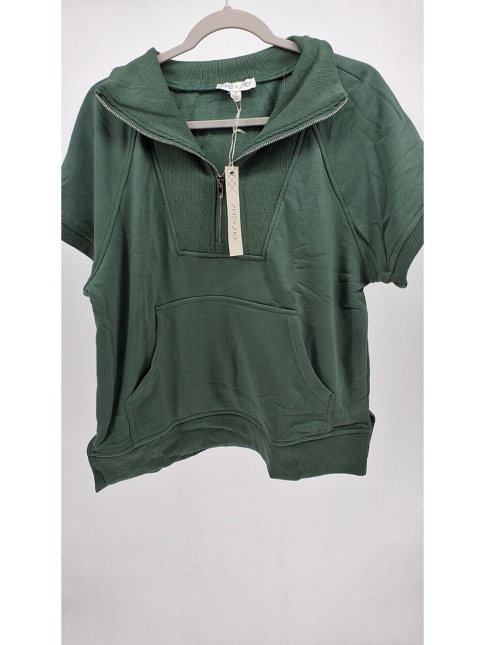 She + Sky Half Zip Ribbed French Terry Pullover-Slate Green